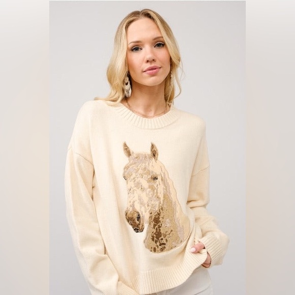 Embroidered Horse Crew Neck Sweater - Blue B - Picture 1 of 6